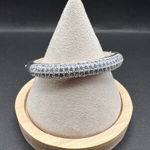 Rhinestone Bangle Bracelet Silver Tone Blue Crystal Pave Hinged Oval Domed